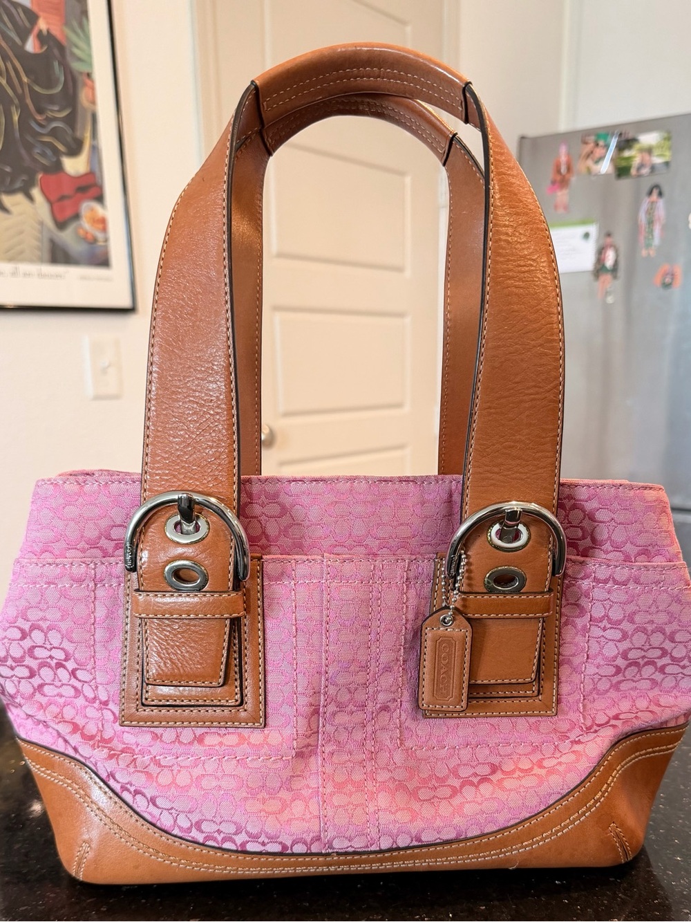 Coach SoHo Jacard Pink Signature Canvas Tote with Tan Leather Trim